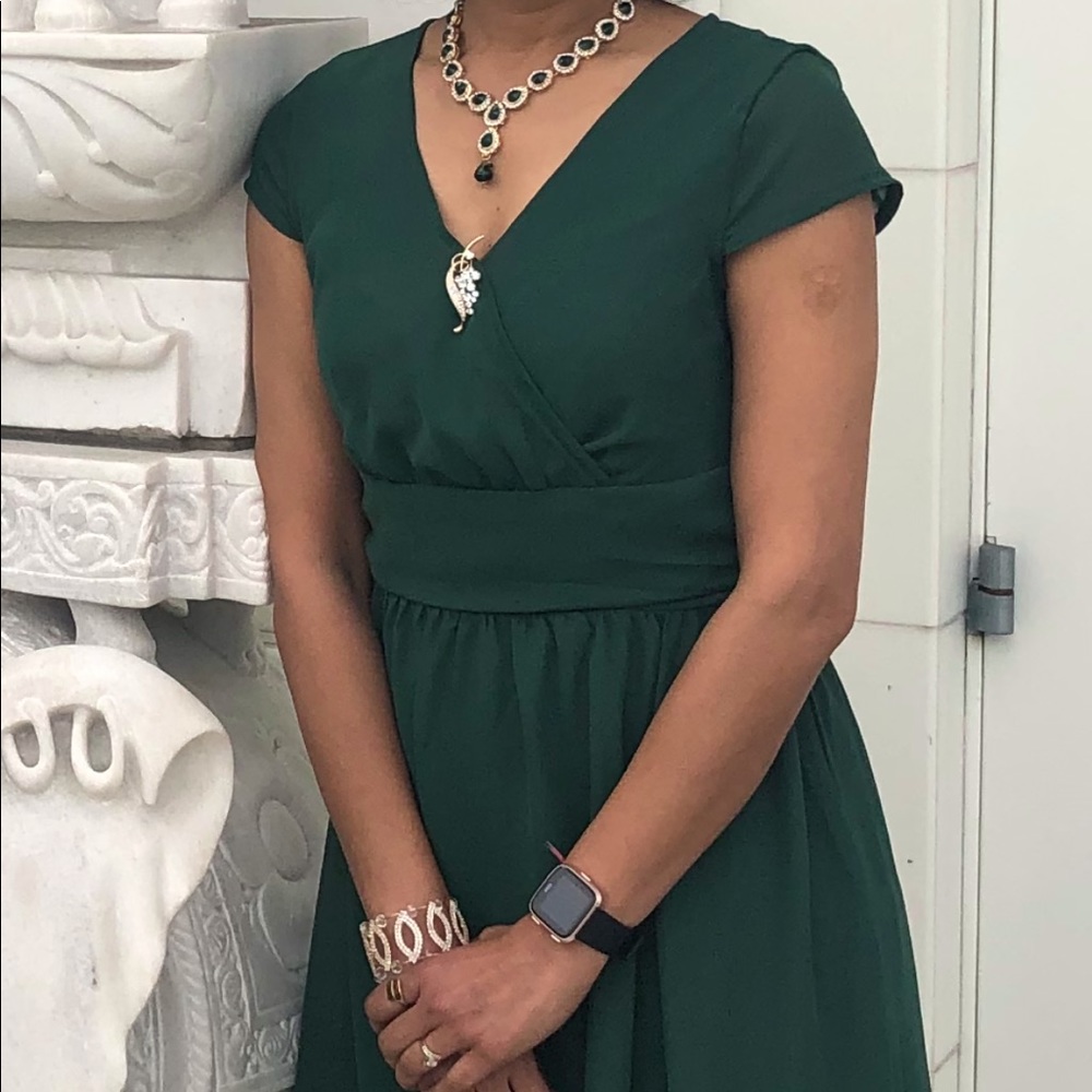 High low v neck dress. Accessories not included